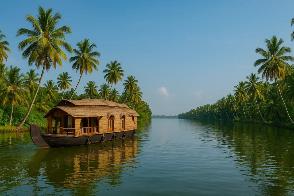 Traditional Kerala houseboat (kettuvallam) floating peacefully along lush green backwaters lined with tall coconut palm trees under a clear blue sky, capturing the tranquil beauty and tropical charm of Kerala, India.